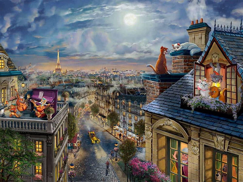 The Aristocats – Love Under the Moon, city, moon, houses, paris, painting, cats, artwork, street, eiffel tower, HD wallpaper