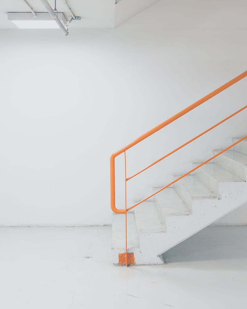 orange metal railing white concrete stairs, HD phone wallpaper
