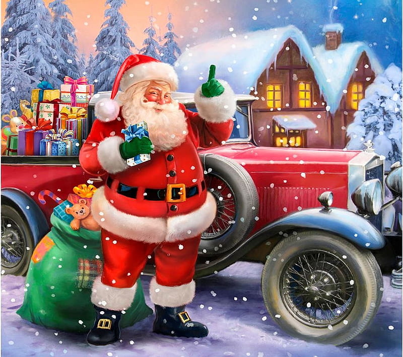 Santa claus con coche clásico, cabañas, navidad, nieve, pintura, regalos,  Fondo de pantalla HD | Peakpx