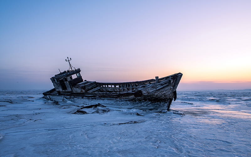 Winter Frozen Ocean Boat 2021 Scenery, HD wallpaper