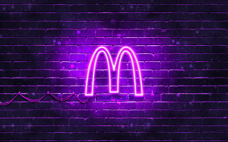 McDonalds violet logo violet brickwall, McDonalds logo, brands, McDonalds neon logo, McDonalds, HD wallpaper