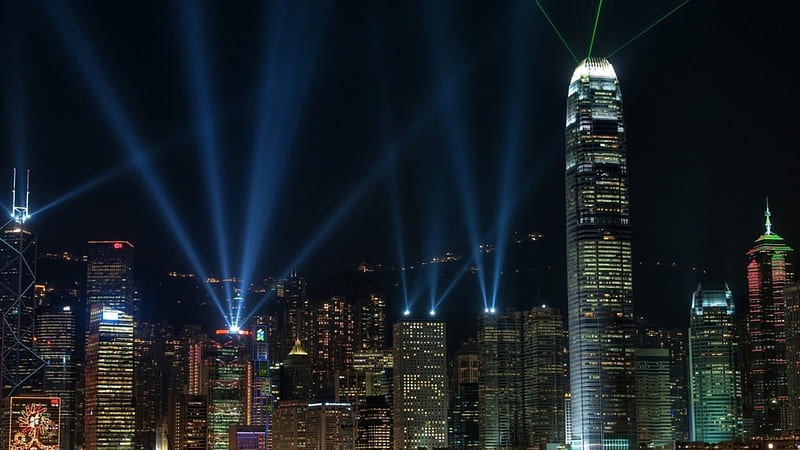 flood lights atop hong kong skyscrapers, cty, skysctapers, night, lights, HD wallpaper