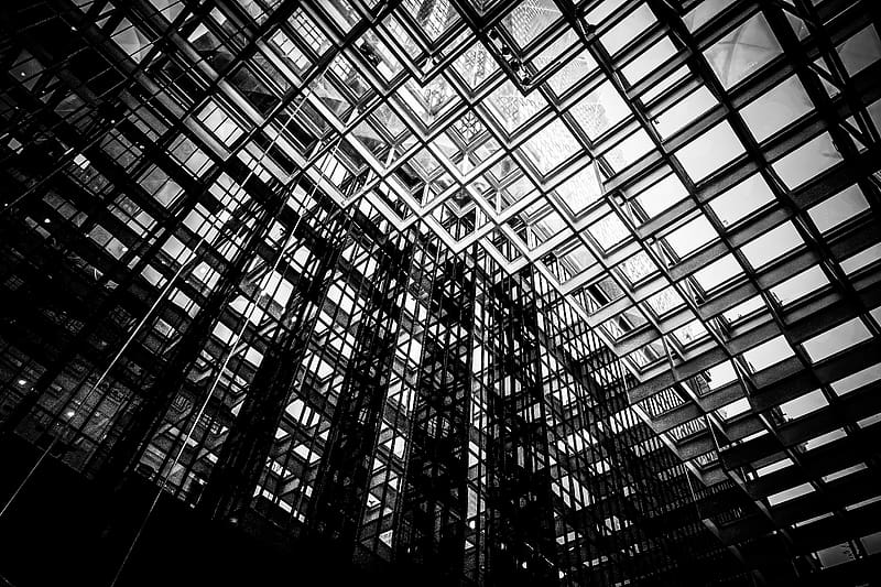 building, roof, transparent, glass, black and white, architecture, HD wallpaper