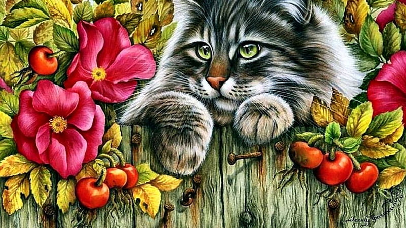 Looking Over the Fence - Cat F, art, bonito, cat, artwork, animal, pet, feline, berries, painting, wide screen, flowers, HD wallpaper