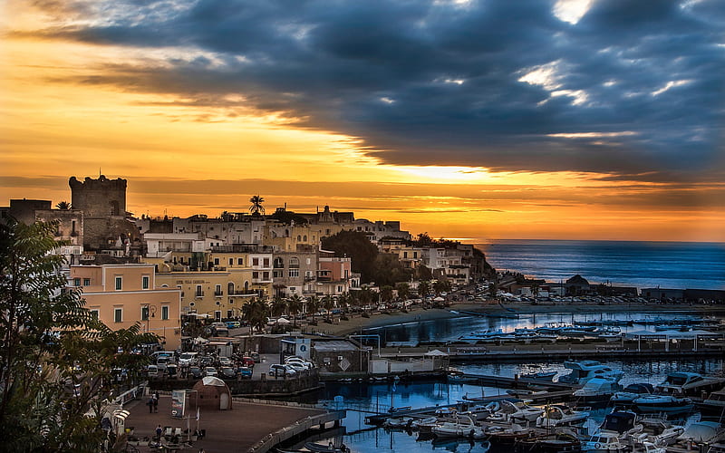 Forio, Mediterranean Sea, sunset, resort, beautiful Italian city, Campania, Italia, HD wallpaper