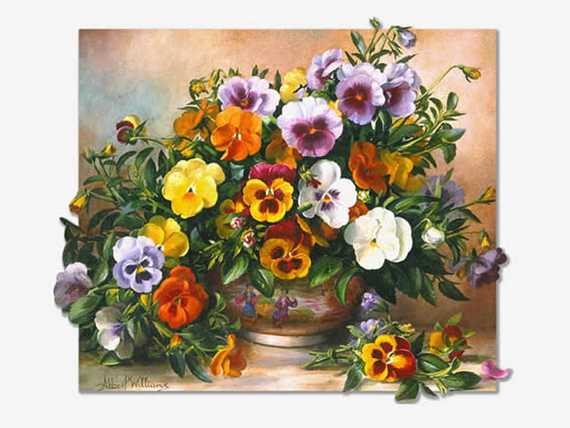 In Abundance - Pansies F2, colorful, art, williams, floral, still life, painting, pansies, flower, albert williams, HD wallpaper