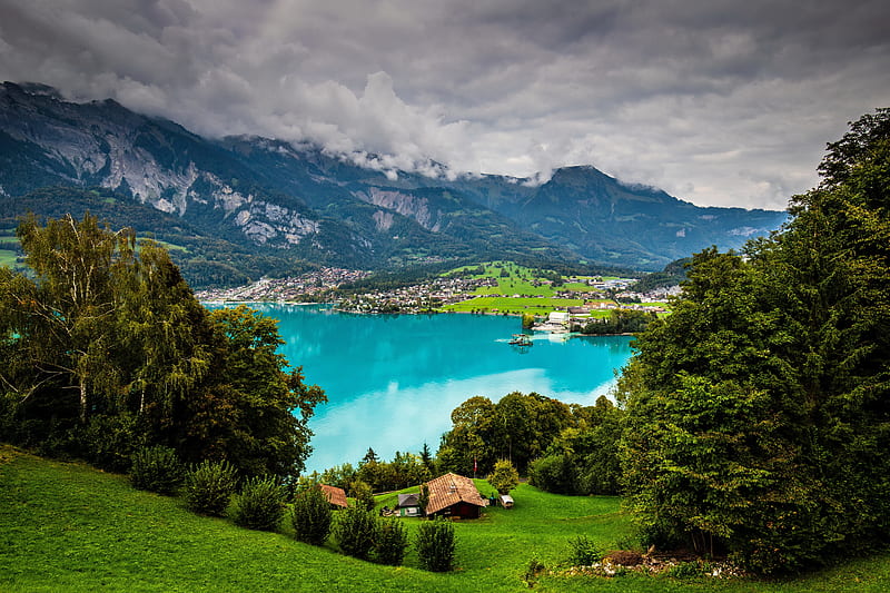 Lake Brienz - Switzerland, bonito, lake, landscape, view, houses, greenery, Switzerland, clouds, sky, mountain, tourizm, village, reflection, HD wallpaper