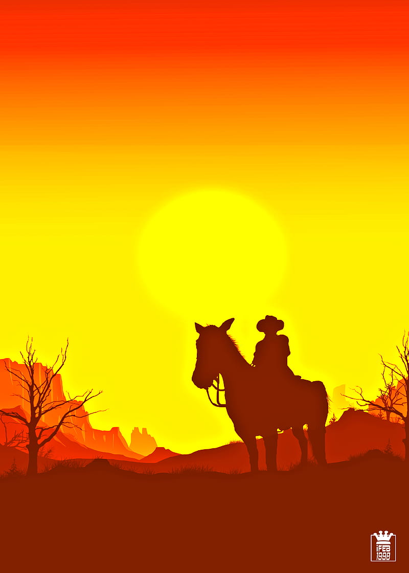 horseman, silhouette, sunset, western, art, HD phone wallpaper