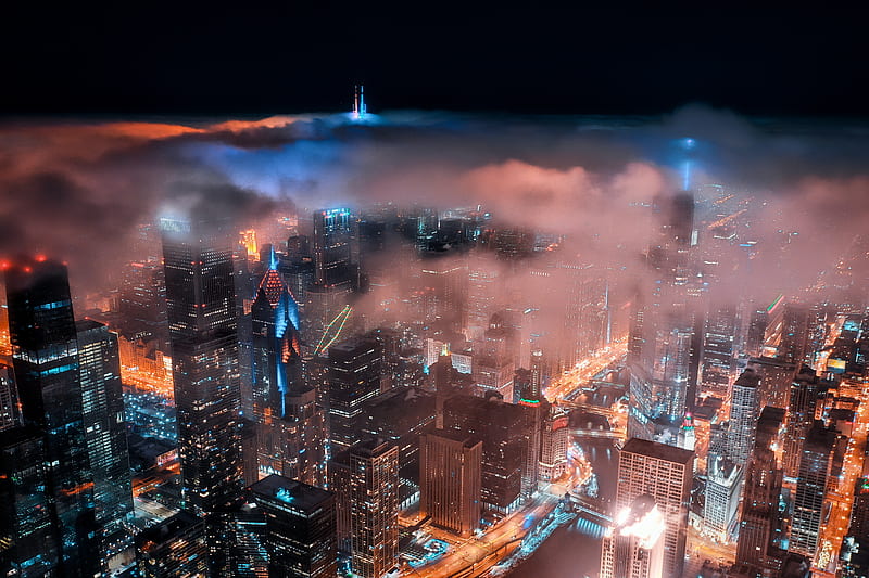 city, aerial view, buildings, clouds, night, dark, HD wallpaper