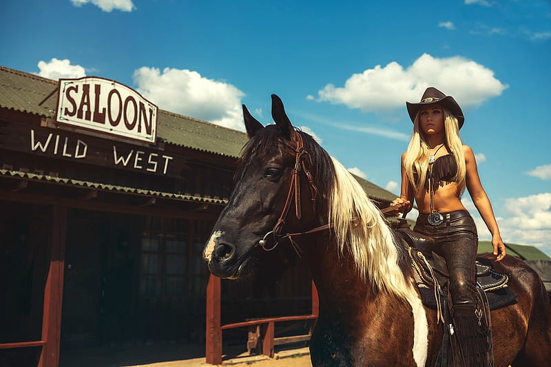 Wild West Cowgirl, cowgirl, blonde, horse, clouds, hat, building, saloon, wild west, Alex Noori, HD wallpaper