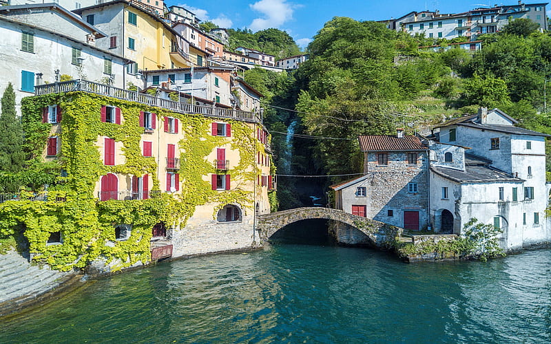 Nesso, Como Lake, summer, waterfall, bay, Nesso cityscape, Italy, HD wallpaper