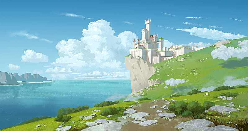 castle, rock, cliff, art, HD wallpaper