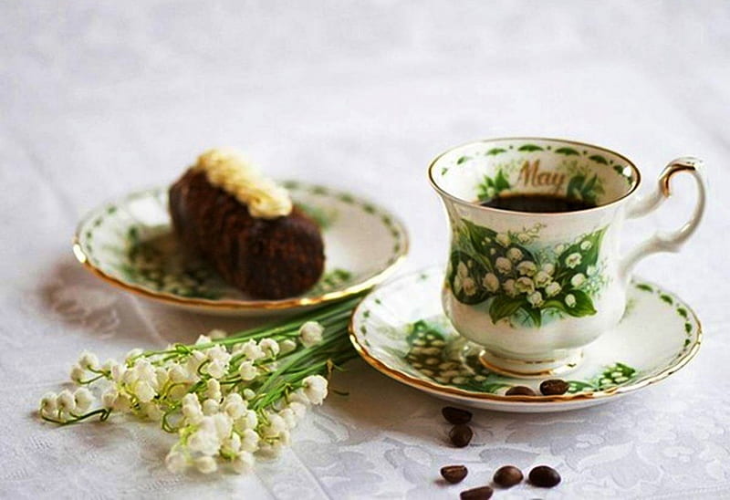 Good morning May !, cake, lily of the valley, model, saucer, beans, scent, spring, floral, May, coffee, cup, flowers, HD wallpaper
