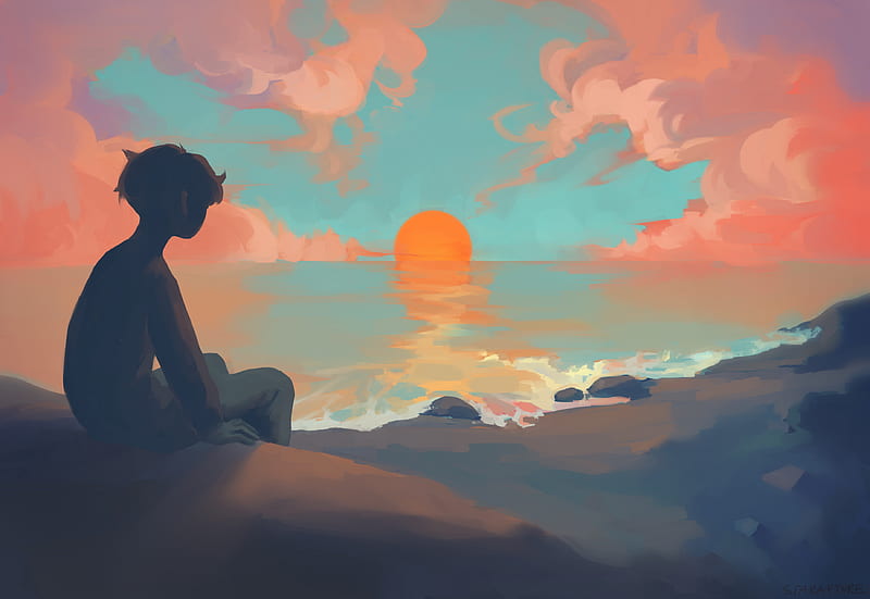 Anime Boy Sitting Watching Sunset, anime-boy, anime, artwork, artist, digital-art, HD wallpaper