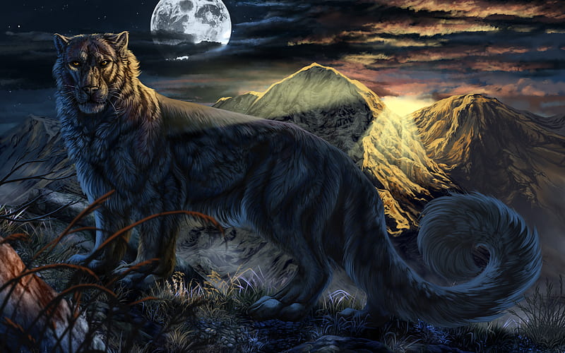 wolf, night, moon, fantasy art, mountains, predator, HD wallpaper