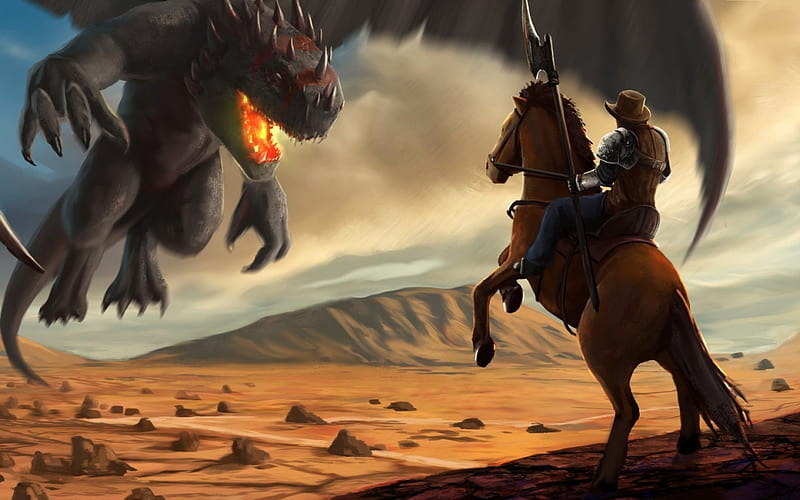 Confrontation, art, desert, game, man, horse, dragon, animal, fantasy, cowboy, HD wallpaper