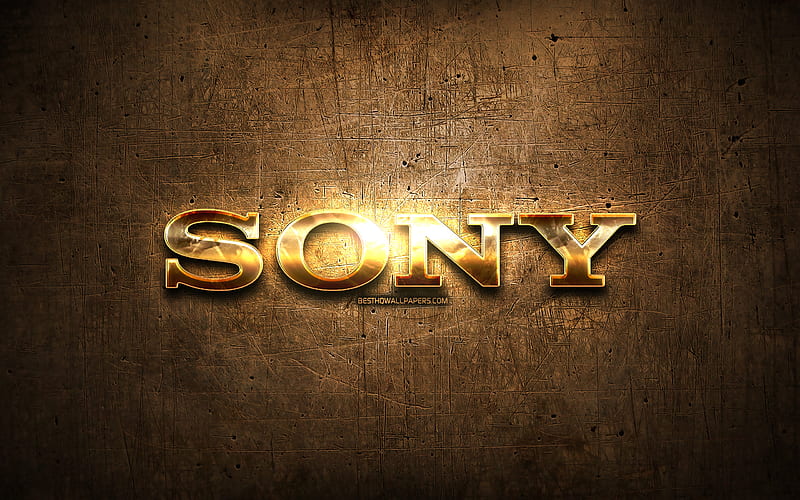 Sony golden logo, artwork, gold letters, brown metal background, creative, Sony logo, brands, Sony, HD wallpaper