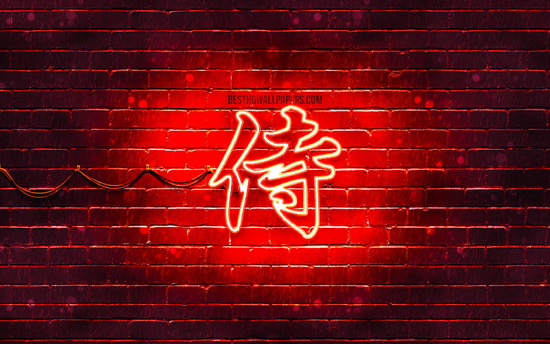 Samurai Kanji hieroglyph neon japanese hieroglyphs, Kanji, Japanese Symbol for Samurai, red brickwall, Samurai Japanese character, red neon symbols, Samurai Japanese Symbol, HD wallpaper