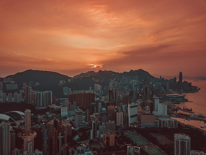 city, sunset, aerial view, skyscrapers, sky, hong kong, HD wallpaper