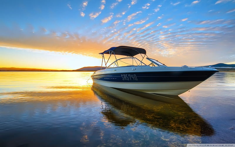 speed boat, sunset, water, boat, speed, HD wallpaper