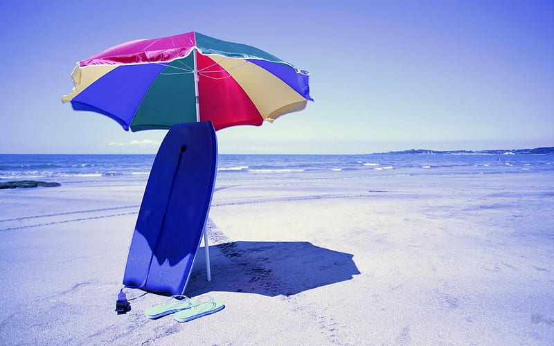 A great idea, beach, surfboard, sand, slippers, umbrella, blue, HD wallpaper