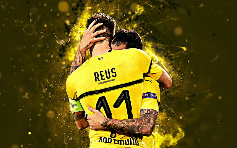 Paco Alcacer, Marco Reus, goal, Borussia Dortmund FC, soccer, Alcacer, Reus, BVB, Bundesliga, football, neon lights, HD wallpaper