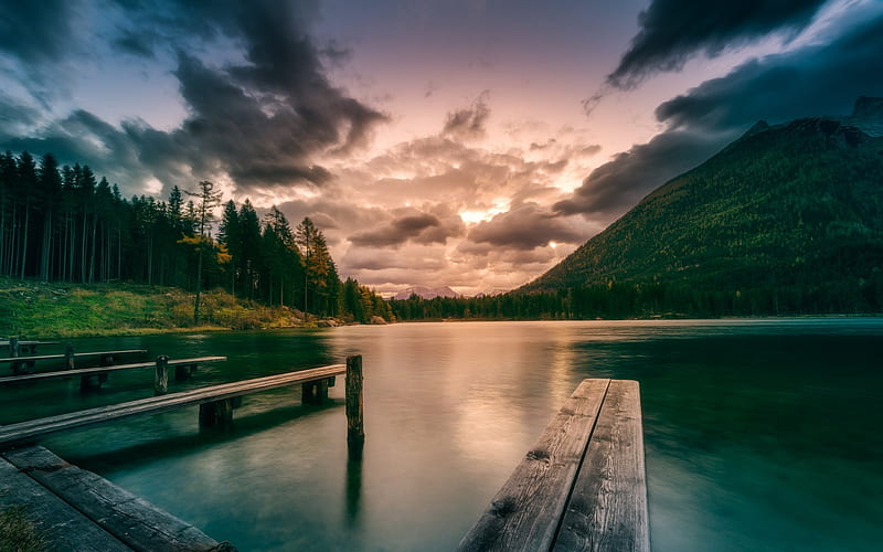 mountain lake, sunset, forest, mountain landscape, beautiful sky, HD wallpaper