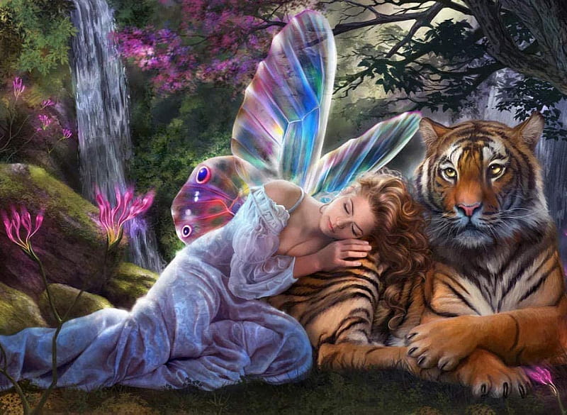 Fairy and Tiger, cat, girl, wings, tree, painting, blossoms, HD wallpaper