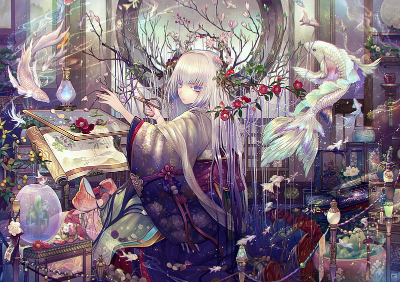 anime girl, surreal, fishes, room, traditional clothes, white hair, art, Anime, HD wallpaper