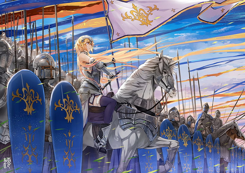 Ready for the battle, art, shield, manga, maru, horse, battle, girl, anime, white, blue, HD wallpaper