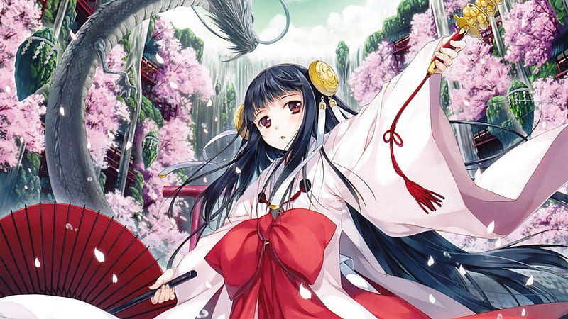 Sealed Miko, sakura, miko, kimono, dragon, girl, oriental, flower, orginal, long hair, HD wallpaper