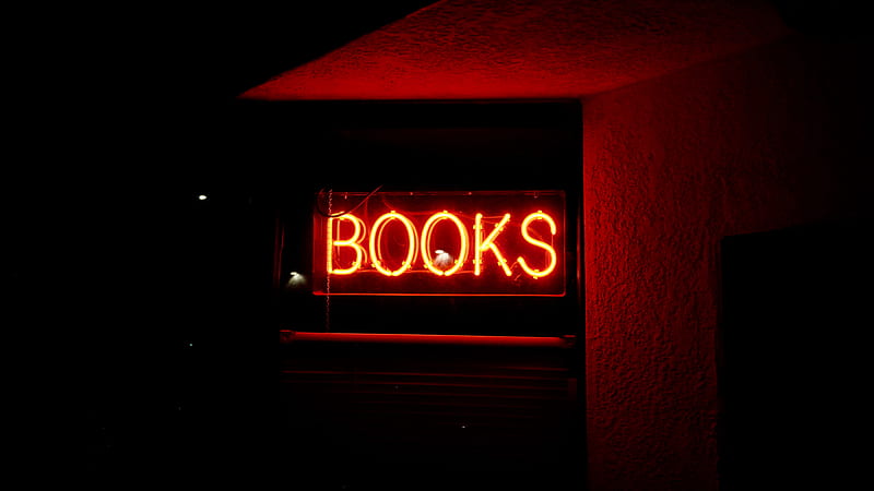 books, sign, neon, text, red, HD wallpaper