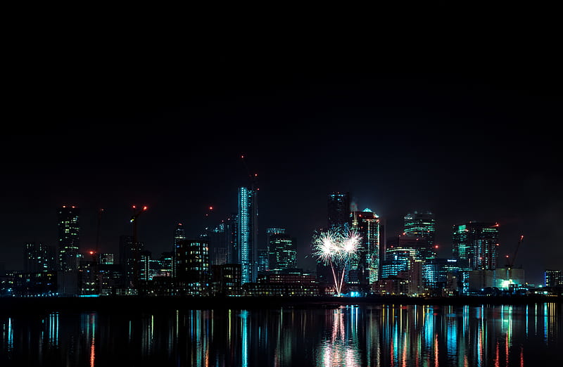 night city, buildings, fireworks, water, reflection, HD wallpaper