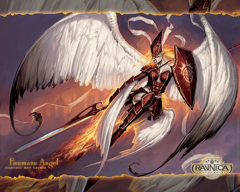 Firemane Angel, wings, angel, shield, winged, card game, warrior, cards, magic the gathering, sword, HD wallpaper