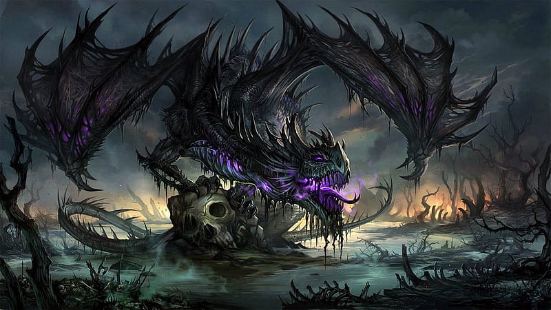 Creepy Black Purple Dragon, Black and Gray Dragon, HD wallpaper