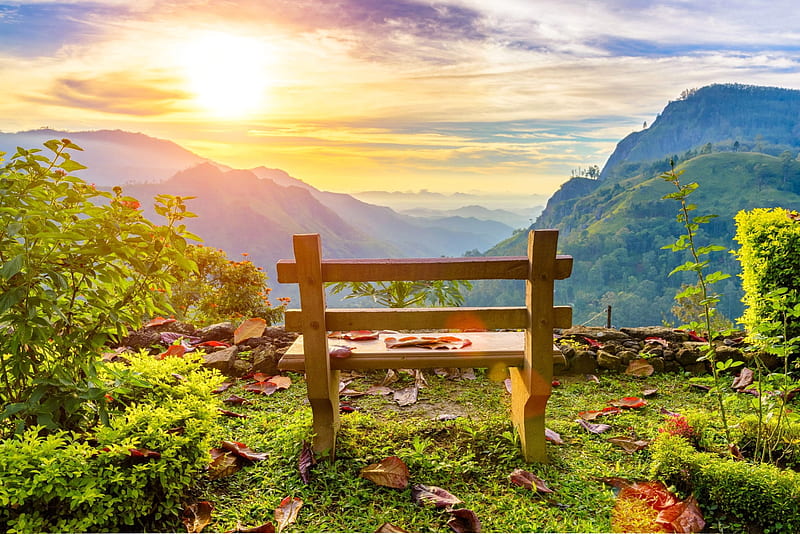 Mountain valley at sunrise, autumn, view, bench, Sri lanka, sunrise, bonito, fall, valley, overlook, mountain, HD wallpaper