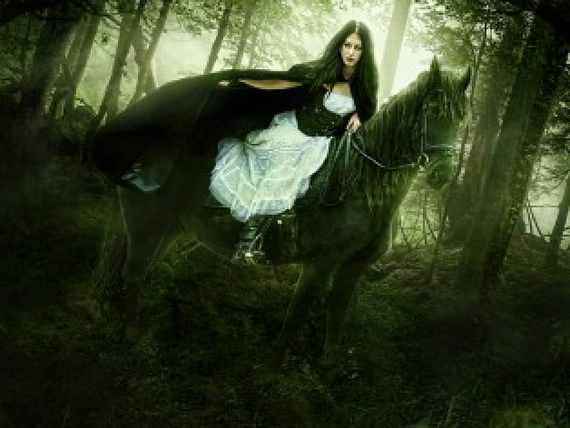 In the Woods, forest, horse, woman, green, HD wallpaper