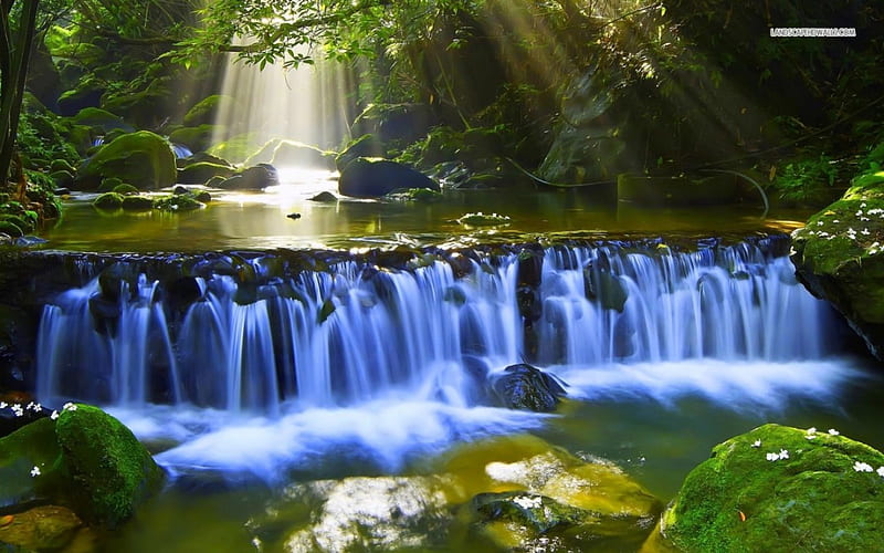 Beautiful Waterfall, sunlights, waterfall, nature, trees, landscape, HD wallpaper