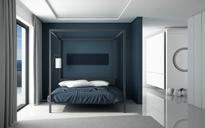 white blue bedroom blue bed, modern interiors, white furniture, minimalistic interiors, modern design, bedroom, HD wallpaper