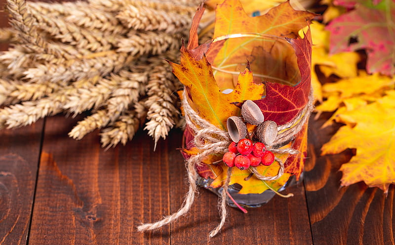 Autumn Rustic Decoration Ultra, Seasons, Autumn, Orange, Winter, Yellow, Color, Wood, Table, Leaves, Wooden, Wheat, Leaf, Gold, Decoration, Season, Fall, Fallen, Candle, Spikelets, Traditional, Berries, Food, handmade, Rowan, HD wallpaper
