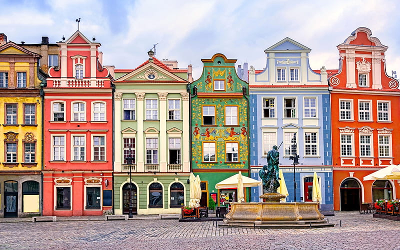 Marketplace in Poznan, Poland, marketplace, Poznan, houses, fountain, Poland, sculpture, HD wallpaper