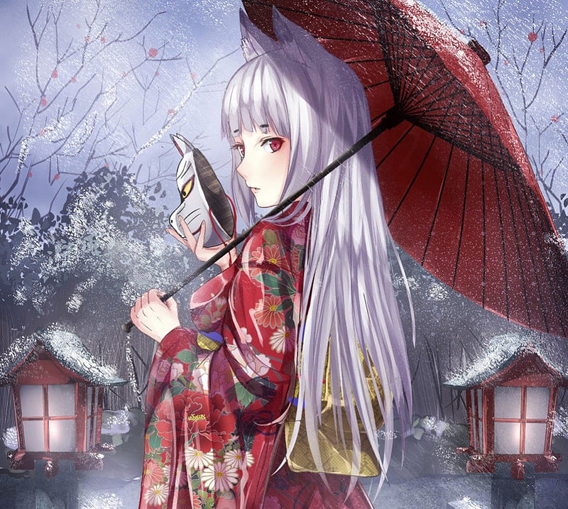 Winter, female, girl, anime, traditional clothes, umbrella, manga, mask ...
