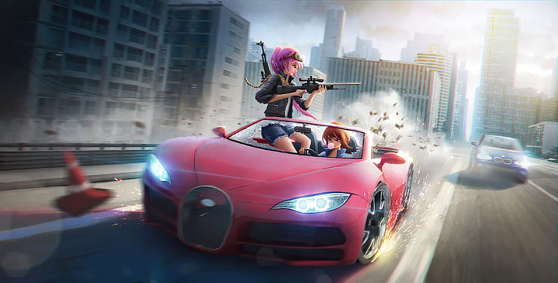 Anime Girls Car Chase , anime-girl, anime, artist, artwork, digital-art, HD wallpaper