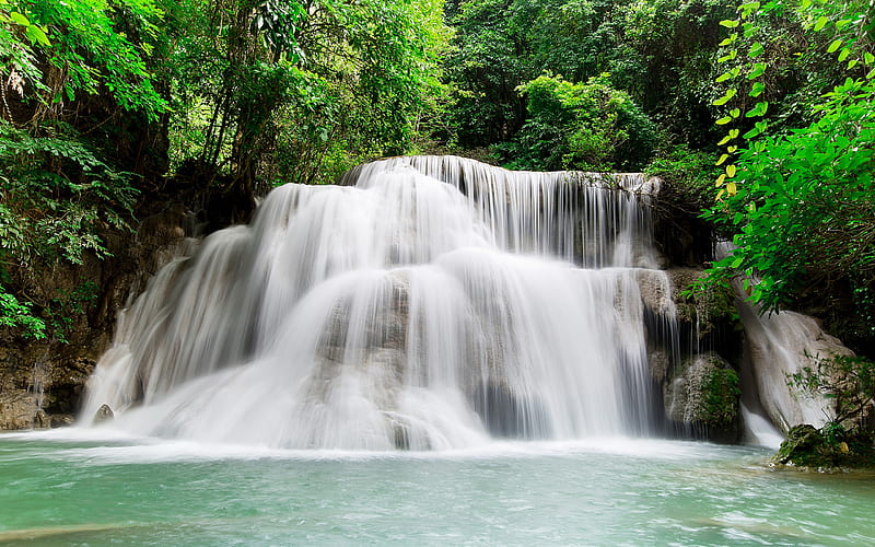 beautiful waterfall, rainforest, jungle, Kanchanaburi, Thailand, Erawan Waterfall, HD wallpaper