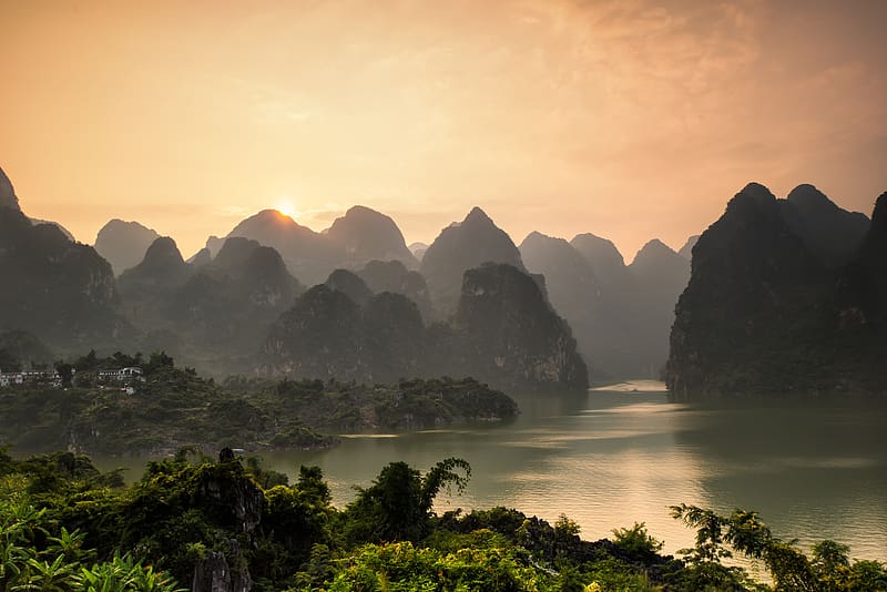 Landscape, Nature, Sunset, Mountain, China, River, , Nanling Mountains, Guanxi Zhuang, Li River, HD wallpaper