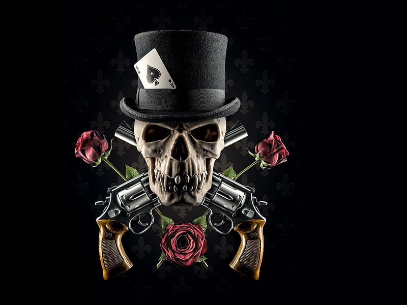 Skull, red, anne stokes, rose, black, ace, hat, card, fantasy, gun, flower, HD wallpaper