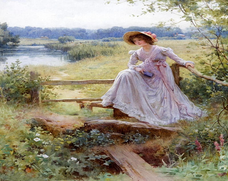 Painting by William Affleck (1869-1943), artist, art, abstract, woman, hat, retro, painting, painter, nature, lady, elegant dress, pink, landscape, HD wallpaper