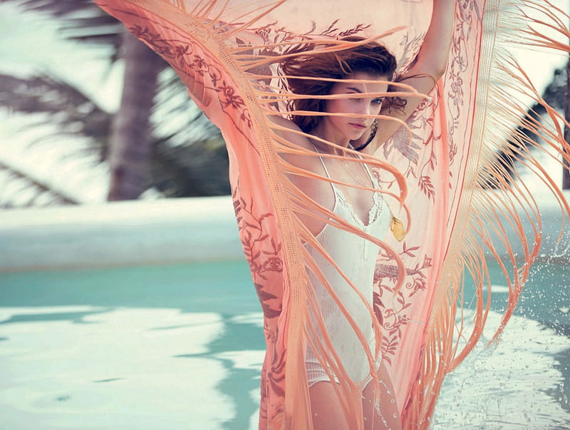 Barbara Palvin, swimsuit, model, woman, sea, beach, girl, summer, pink, blue, HD wallpaper