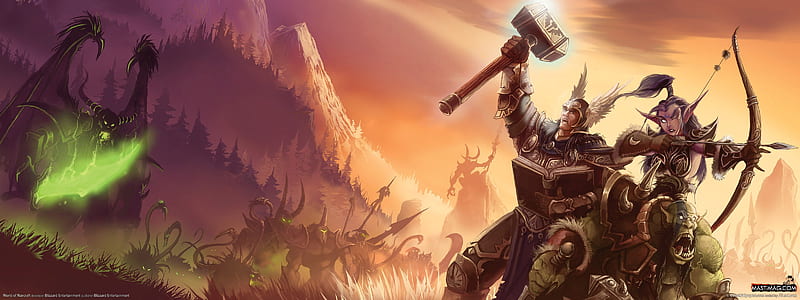 World of Warcraft, fantasy, warrior, video game, dual screen, HD wallpaper