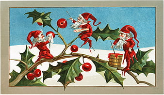 craciun, green, elf, vintage, card, red, christmas, gnome, mistletoe ...
